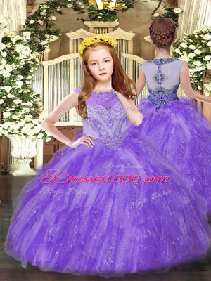 Latest Eggplant Purple Lace Up Scoop Beading and Ruffles Ball Gown Prom Dress Organza Sleeveless
