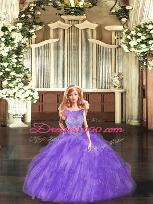 Latest Eggplant Purple Lace Up Scoop Beading and Ruffles Ball Gown Prom Dress Organza Sleeveless