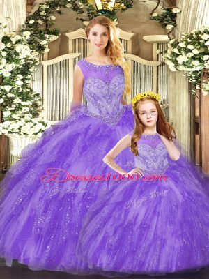 Latest Eggplant Purple Lace Up Scoop Beading and Ruffles Ball Gown Prom Dress Organza Sleeveless