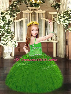 Spaghetti Straps Sleeveless Lace Up Pageant Dress Wholesale Green Organza