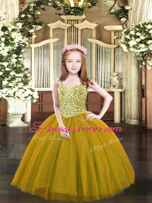 Sleeveless Floor Length Beading Lace Up Pageant Dress for Teens with Brown