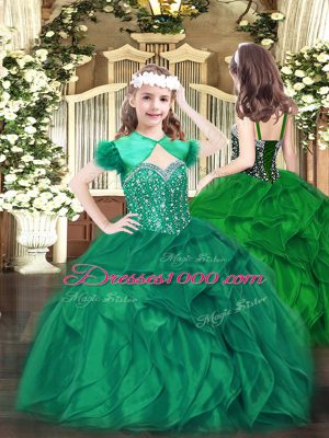 Hot Selling Organza Straps Sleeveless Lace Up Beading and Ruffles Pageant Dress for Womens in Dark Green