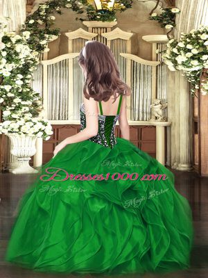 Hot Selling Organza Straps Sleeveless Lace Up Beading and Ruffles Pageant Dress for Womens in Dark Green