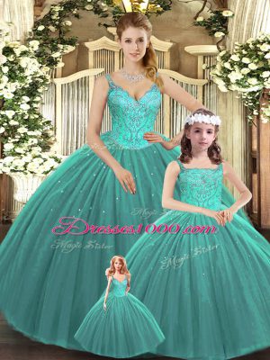 On Sale Turquoise Tulle Lace Up Quince Ball Gowns Sleeveless Floor Length Beading