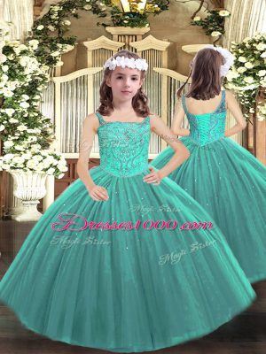 On Sale Turquoise Tulle Lace Up Quince Ball Gowns Sleeveless Floor Length Beading