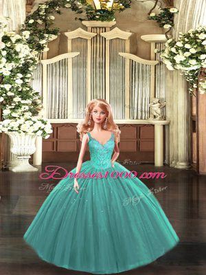 On Sale Turquoise Tulle Lace Up Quince Ball Gowns Sleeveless Floor Length Beading