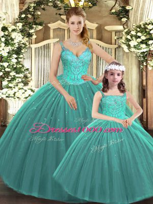 On Sale Turquoise Tulle Lace Up Quince Ball Gowns Sleeveless Floor Length Beading