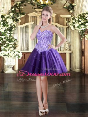 Ideal Sleeveless Tulle Mini Length Lace Up Evening Dress in Purple with Appliques