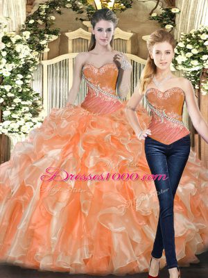 Sexy Floor Length Orange Red Sweet 16 Quinceanera Dress Tulle Sleeveless Beading and Ruffles