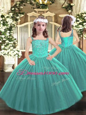 Latest Sleeveless Floor Length Beading Lace Up Pageant Dresses with Teal