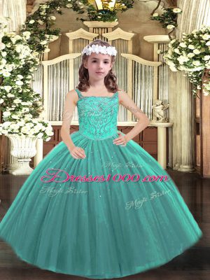 Latest Sleeveless Floor Length Beading Lace Up Pageant Dresses with Teal