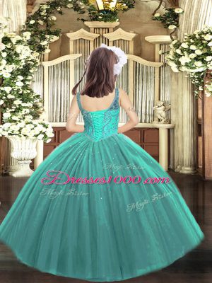 Latest Sleeveless Floor Length Beading Lace Up Pageant Dresses with Teal