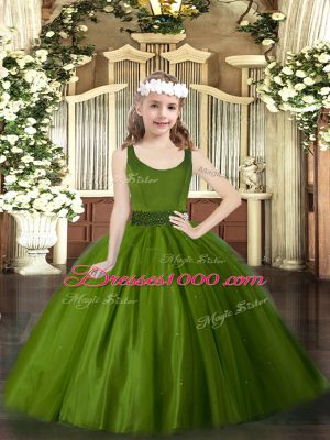 Trendy Floor Length Ball Gowns Sleeveless Olive Green Little Girl Pageant Gowns Zipper