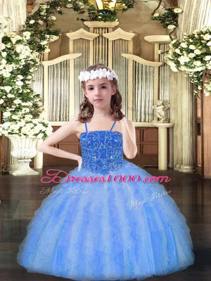 Baby Blue Lace Up Spaghetti Straps Beading and Ruffles Little Girl Pageant Dress Organza Sleeveless
