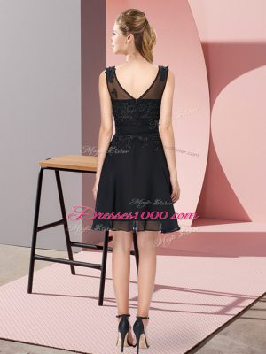 Super Scoop Sleeveless Damas Dress Knee Length Appliques Black Chiffon