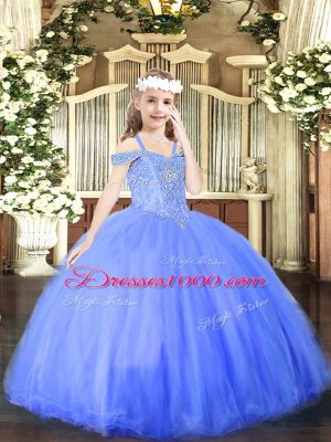 Beading Pageant Dress Womens Blue Lace Up Sleeveless Floor Length