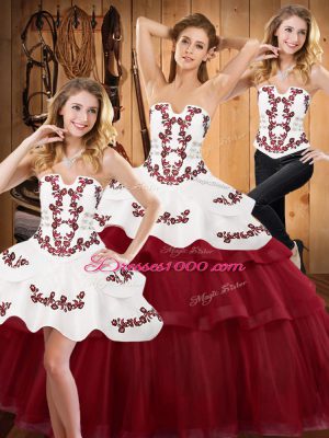 Artistic Sleeveless Embroidery and Ruffled Layers Lace Up Quinceanera Gown with Burgundy Sweep Train