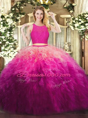 Best Selling Sleeveless Organza Floor Length Zipper 15th Birthday Dress in Fuchsia with Lace and Ruffles