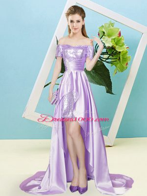 Comfortable Lavender Prom Party Dress Prom and Party with Sequins Off The Shoulder Short Sleeves Lace Up