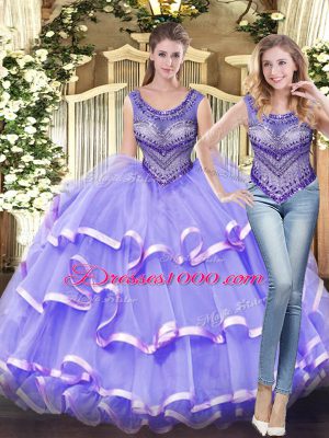 Lavender Ball Gowns Tulle Scoop Sleeveless Beading and Ruffled Layers Floor Length Lace Up Ball Gown Prom Dress