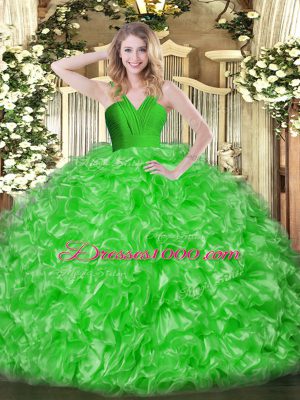 Superior V-neck Sleeveless Zipper 15th Birthday Dress Green Organza