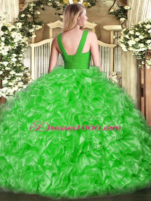 Superior V-neck Sleeveless Zipper 15th Birthday Dress Green Organza