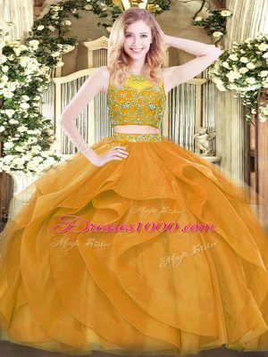 Captivating Gold Zipper Sweet 16 Dress Beading and Ruffles Sleeveless Floor Length