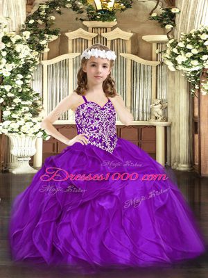 Organza Straps Sleeveless Lace Up Beading and Ruffles Little Girls Pageant Dress Wholesale in Purple