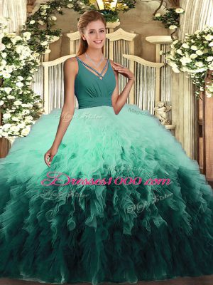 Sleeveless Tulle Floor Length Backless 15 Quinceanera Dress in Multi-color with Ruffles