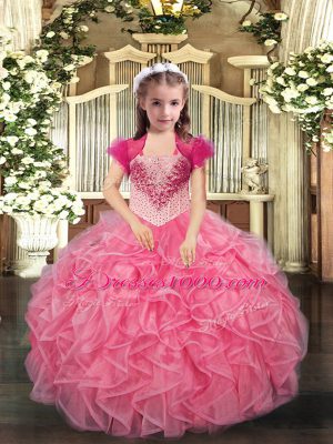 Sleeveless Organza Floor Length Lace Up High School Pageant Dress in Coral Red with Beading and Ruffles