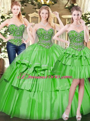 Exceptional Green Organza Lace Up Sweetheart Sleeveless Floor Length Ball Gown Prom Dress Beading and Ruffled Layers