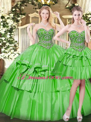 Exceptional Green Organza Lace Up Sweetheart Sleeveless Floor Length Ball Gown Prom Dress Beading and Ruffled Layers