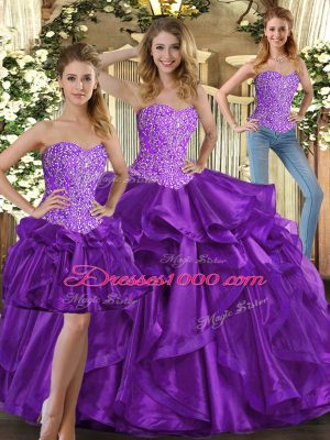 Sweetheart Sleeveless Ball Gown Prom Dress Floor Length Beading and Ruffles Eggplant Purple Tulle