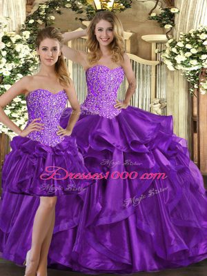 Sweetheart Sleeveless Ball Gown Prom Dress Floor Length Beading and Ruffles Eggplant Purple Tulle