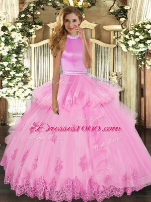 Rose Pink Halter Top Neckline Beading and Ruffles Sweet 16 Quinceanera Dress Sleeveless Backless