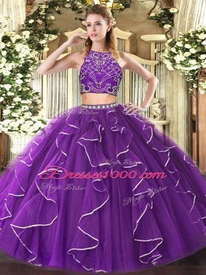 Simple Purple Sleeveless Floor Length Beading and Ruffles Zipper Sweet 16 Dress