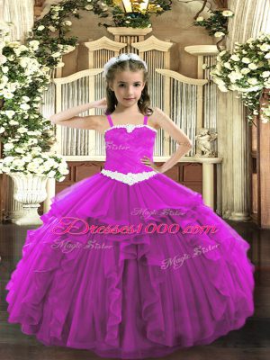 Great Sleeveless Lace Up Floor Length Appliques and Ruffles Kids Formal Wear