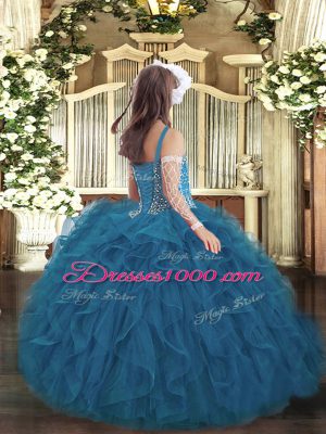 Straps Sleeveless Tulle Glitz Pageant Dress Beading and Ruffles Lace Up