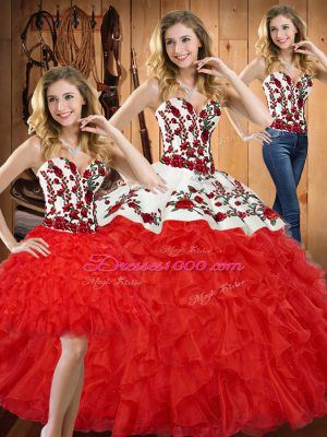 Floor Length Red Ball Gown Prom Dress Tulle Sleeveless Embroidery and Ruffles