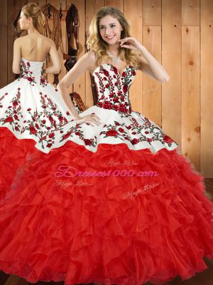 Floor Length Red Ball Gown Prom Dress Tulle Sleeveless Embroidery and Ruffles