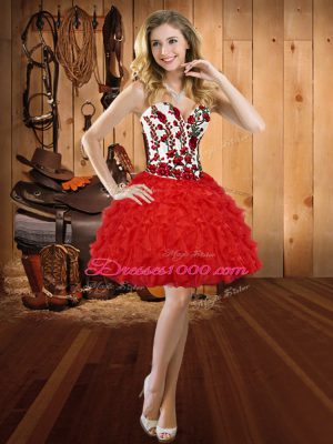 Floor Length Red Ball Gown Prom Dress Tulle Sleeveless Embroidery and Ruffles