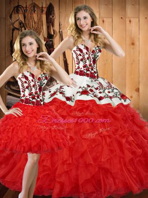 Floor Length Red Ball Gown Prom Dress Tulle Sleeveless Embroidery and Ruffles