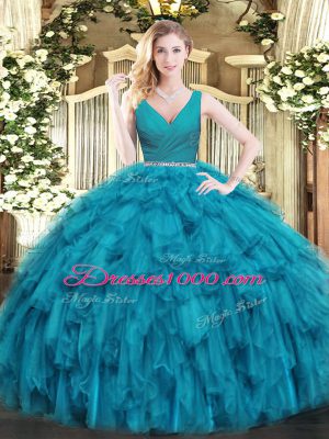 Noble Teal Ball Gowns V-neck Sleeveless Tulle Floor Length Zipper Beading and Ruffles Vestidos de Quinceanera