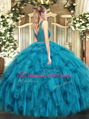 Noble Teal Ball Gowns V-neck Sleeveless Tulle Floor Length Zipper Beading and Ruffles Vestidos de Quinceanera