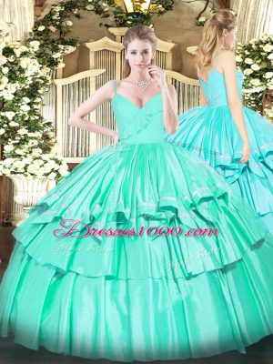 Sleeveless Floor Length Ruffled Layers Zipper Quinceanera Dress with Turquoise