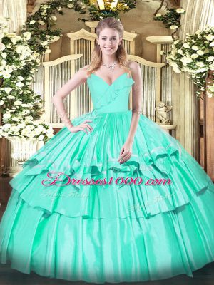 Sleeveless Floor Length Ruffled Layers Zipper Quinceanera Dress with Turquoise