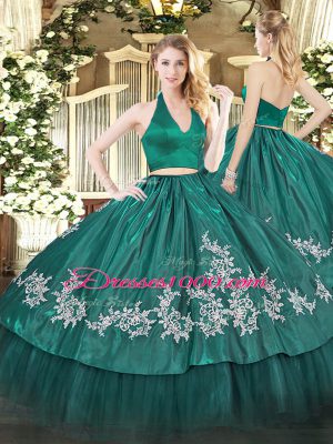 Dark Green 15 Quinceanera Dress Military Ball and Sweet 16 and Quinceanera with Appliques Halter Top Sleeveless Zipper
