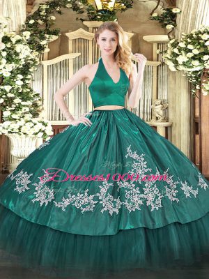 Dark Green 15 Quinceanera Dress Military Ball and Sweet 16 and Quinceanera with Appliques Halter Top Sleeveless Zipper