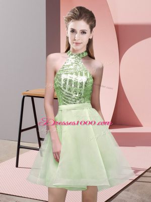 Great Yellow Green Bridesmaid Gown Prom and Party and Wedding Party with Sequins Halter Top Sleeveless Backless