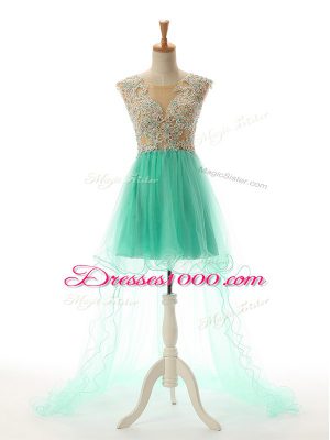 Best Tulle Scoop Sleeveless Backless Appliques Prom Gown in Apple Green